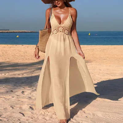 Women Fashion Sexy Solid Color Irregular Mesh Perspective Stitching Split Swimsuit Cover-Ups