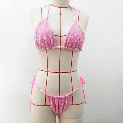 Women Fashion Sexy Bright Solid Color Sequins Halter-Neck Lace-Up Bikini Swimsuit