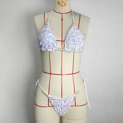 Women Fashion Sexy Bright Solid Color Sequins Halter-Neck Lace-Up Bikini Swimsuit