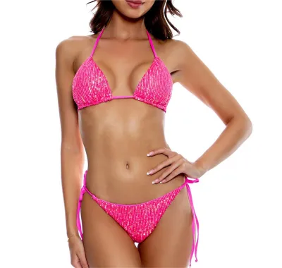 Women Fashion Sexy Solid Color Sequin Halter-Neck Lace-Up Bikini Swimsuit