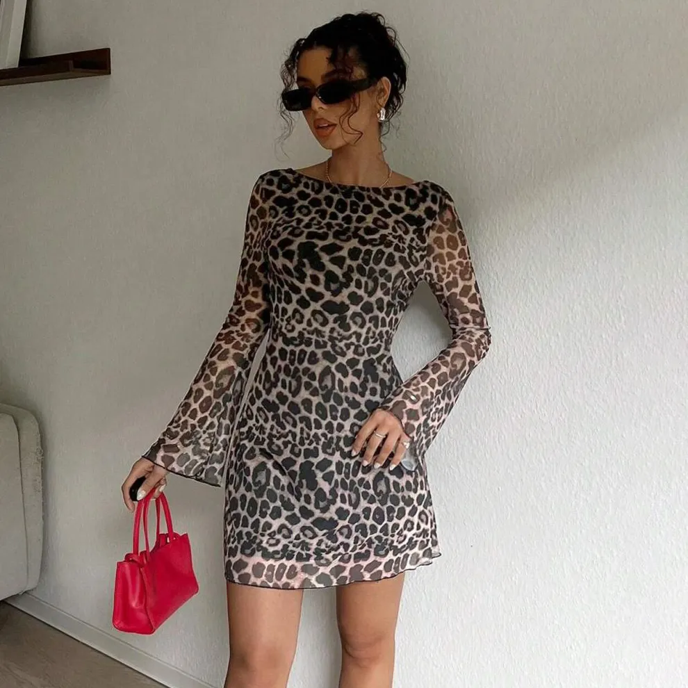 Women Fashion Sexy Spring Leopard Printed Long Sleeve Backless Loose Dress