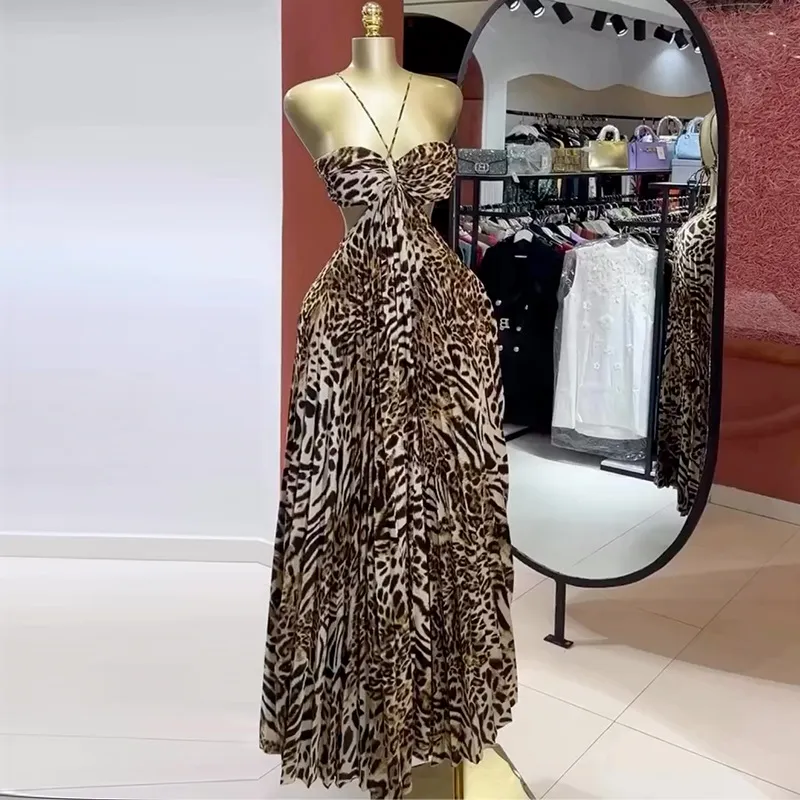 Women Fashion Sexy Summer Leopard Halter-Neck Pleated Loose Dress