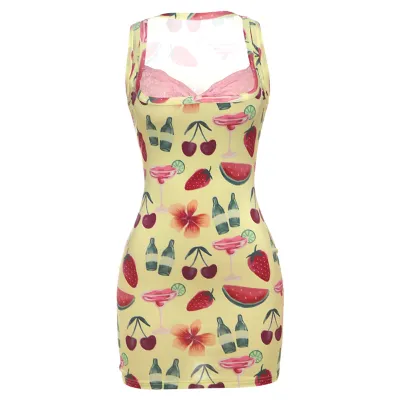 Women Fashion Sexy Summer Leopard Lace Stitching Square Neck Sleeveless Tight Dress