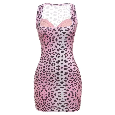 Women Fashion Sexy Summer Leopard Lace Stitching Square Neck Sleeveless Tight Dress