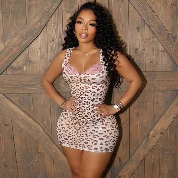 Women Fashion Sexy Summer Leopard Lace Stitching Square Neck Sleeveless Tight Dress