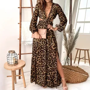 Women Fashion Spring Summer Chiffon Leopard Long Sleeve Hollow-Out Loose Dress