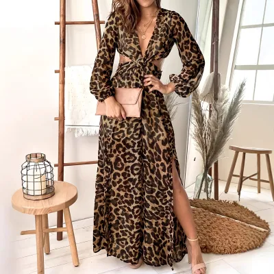 Women Fashion Spring Summer Chiffon Leopard Long Sleeve Hollow-Out Loose Dress