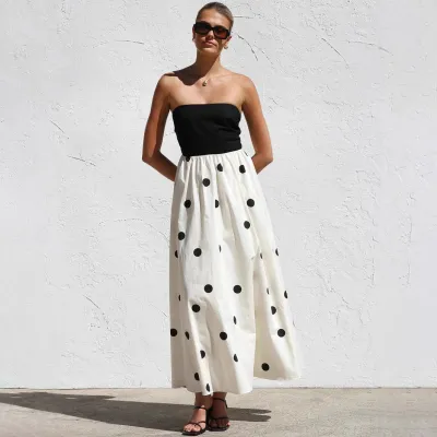 Women Fashion Elegant Spring And Summer Polka Dot Stitching Tube Top Loose Dress