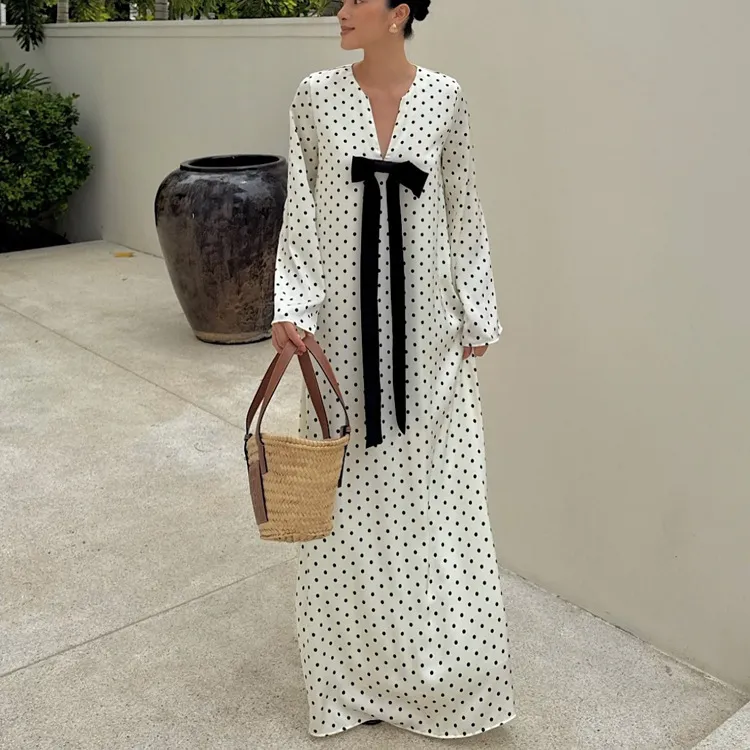 Women Fashion Casual Spring Polka Dot Bowknot V-Neck Long-Sleeve Loose Dress