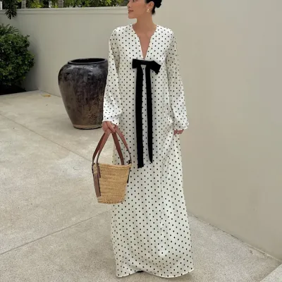 Women Fashion Casual Spring Polka Dot Bowknot V-Neck Long-Sleeve Loose Dress