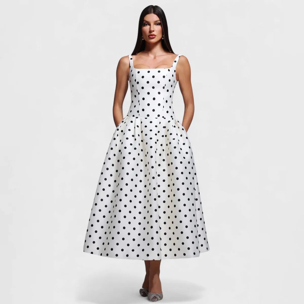 Women Fashion Elegant Summer Polka Dot Sleeveless Tight Waist Dress
