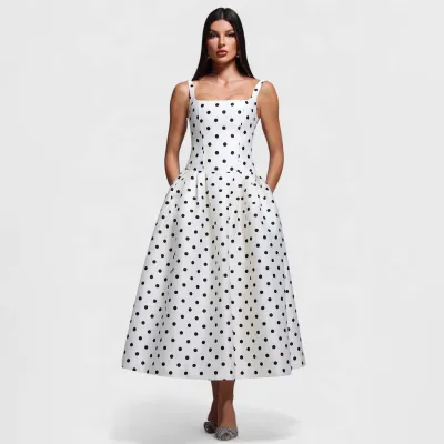 Women Fashion Elegant Summer Polka Dot Sleeveless Tight Waist Dress