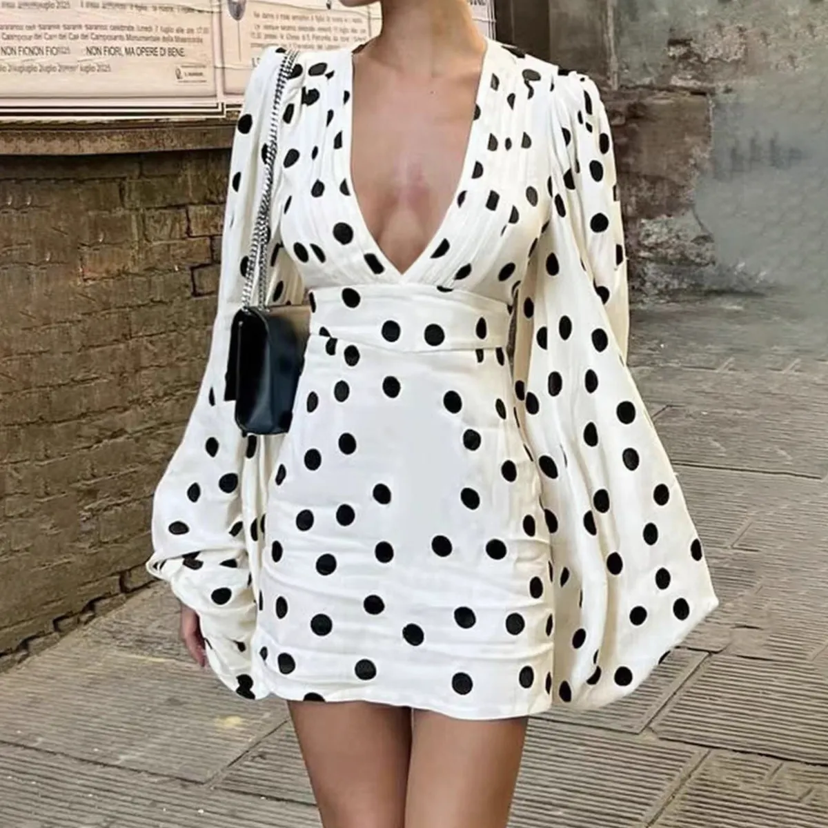 Women Fashion Sexy Spring Polka Dot V-Neck Long Trumpet Sleeve Dress