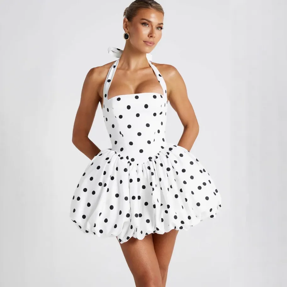 Women Fashion Sexy Summer Polka Dot Printed Halter-Neck Lace-Up Pleated Dress