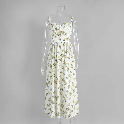 Women Fashion Sexy Summer Flower Printed Sleeveless Lace-Up Split Dress