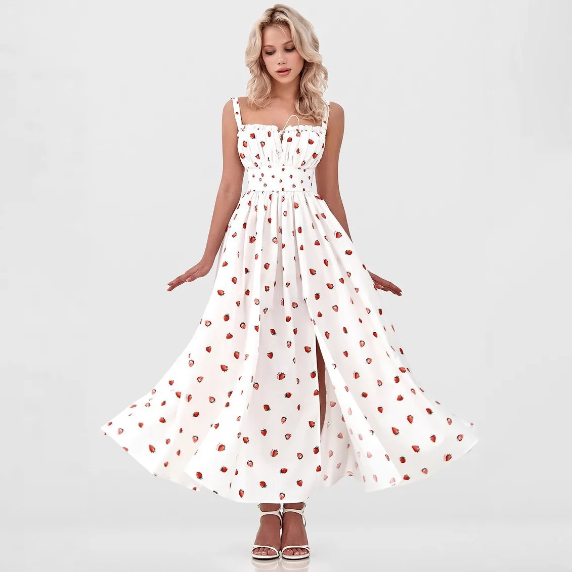 Women Fashion Sexy Summer Flower Printed Sleeveless Lace-Up Split Dress