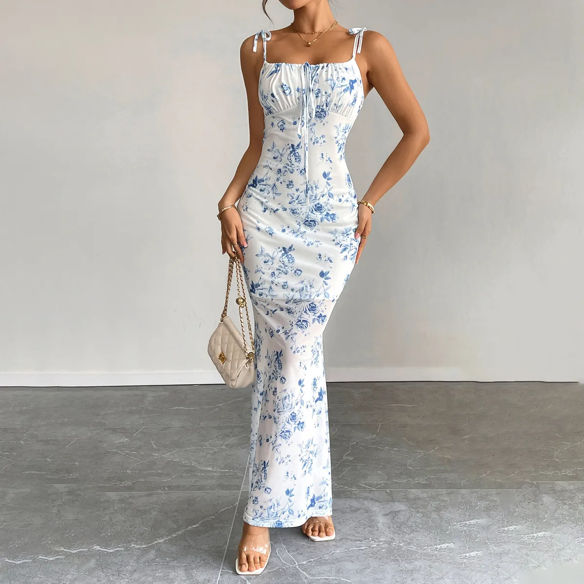 Women Fashion Sexy Summer Flower Printed Spaghetti Strap Slim Fit Dress