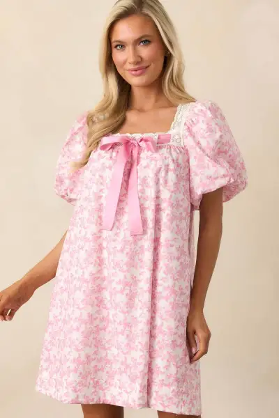 Women Fashion Elegant Summer Flower Printed Square Neck Puff Sleeve Loose Dress