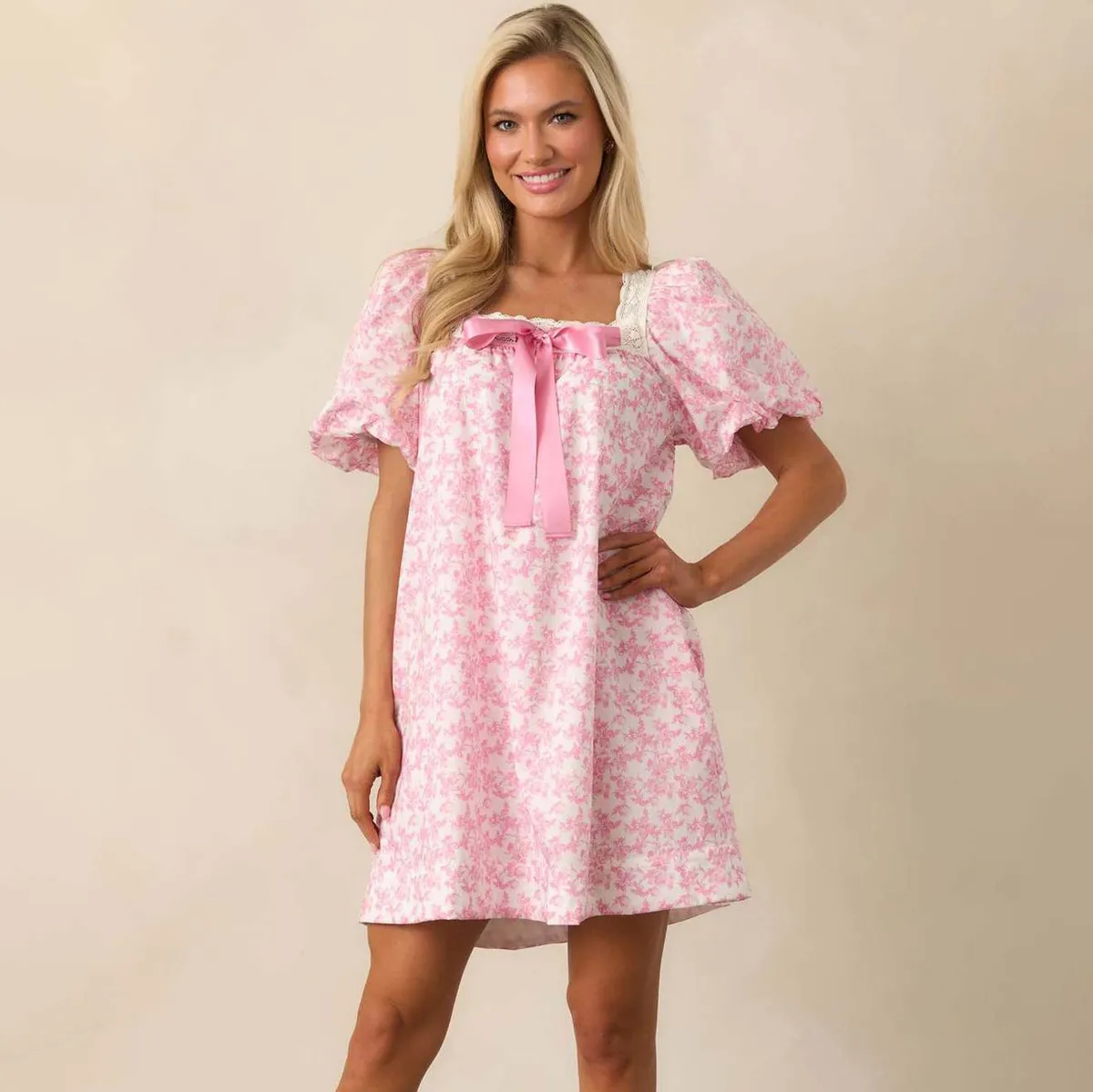 Women Fashion Elegant Summer Flower Printed Square Neck Puff Sleeve Loose Dress
