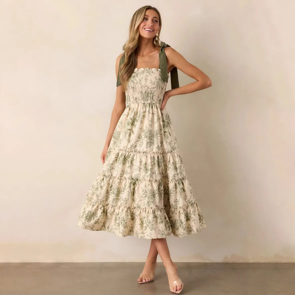 Women Fashion Sexy Summer Flower Printed Lace-Up Pleated Dress