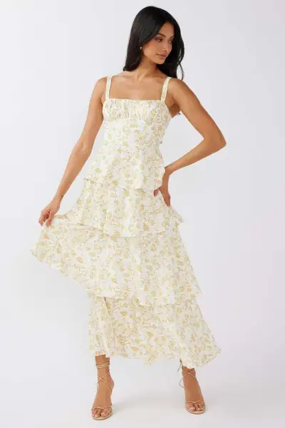 Women Fashion Sexy Summer Flower Printed Sleeveless Ruffled Dress