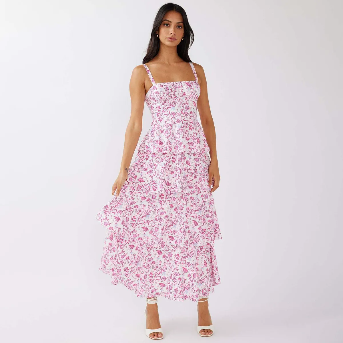 Women Fashion Sexy Summer Flower Printed Sleeveless Ruffled Dress