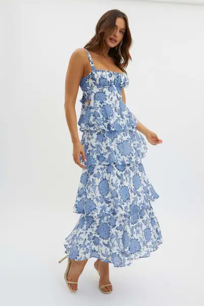 Women Fashion Sexy Summer Flower Printed Sleeveless Ruffled Dress