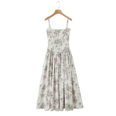 Women Fashion Sexy Summer Flower Printed Spaghetti Strap Tight Waist Dress