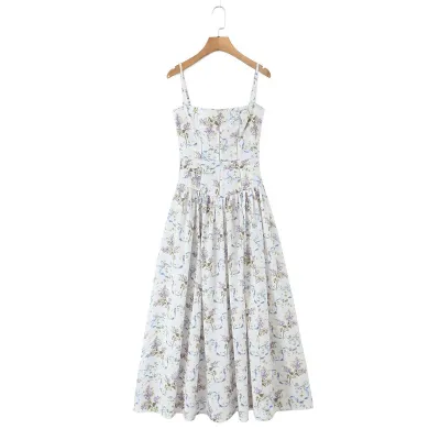 Women Fashion Sexy Summer Flower Printed Spaghetti Strap Tight Waist Dress