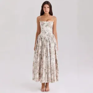Women Fashion Sexy Summer Flower Printed Spaghetti Strap Tight Waist Dress