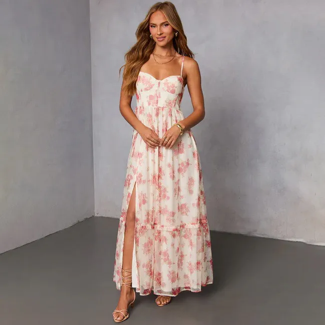 Women Fashion Sexy Summer Boho Flower Ptinted Spaghetti Strap Backless Split Dress