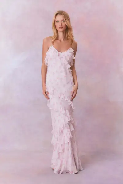 Women Fashion Sexy Summer Chiffon Flower Printed Wave-Edge Spaghetti Strap Backless Slim-Fit Dress
