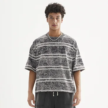 Men's Fashion Casual Retro Summer Washed Stripe Short Sleeve Loose T-Shirt