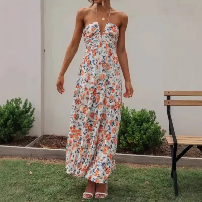Women Fashion Sexy Summer Flower Printed Halter-Neck V-Neck Sleeveless Loose Dress