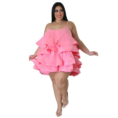 Women Fashion Sexy Summer Plus Size Solid Color Sleeveless Ruffled Dress