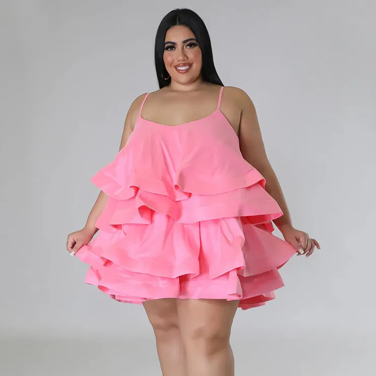 Women Fashion Sexy Summer Plus Size Solid Color Sleeveless Ruffled Dress
