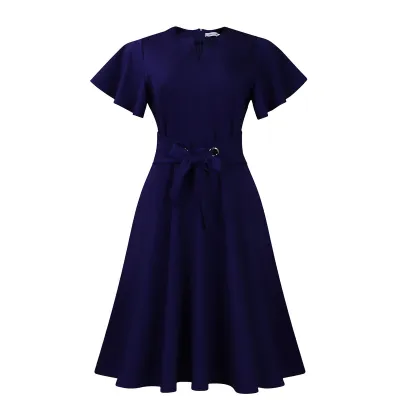 Women Fashion Elegant Summer Plus Size Solid Color Short Sleeve Lace-Up Dress