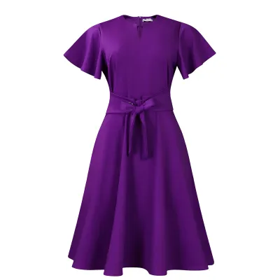 Women Fashion Elegant Summer Plus Size Solid Color Short Sleeve Lace-Up Dress