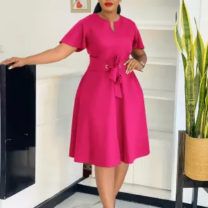 Women Fashion Elegant Summer Plus Size Solid Color Short Sleeve Lace-Up Dress