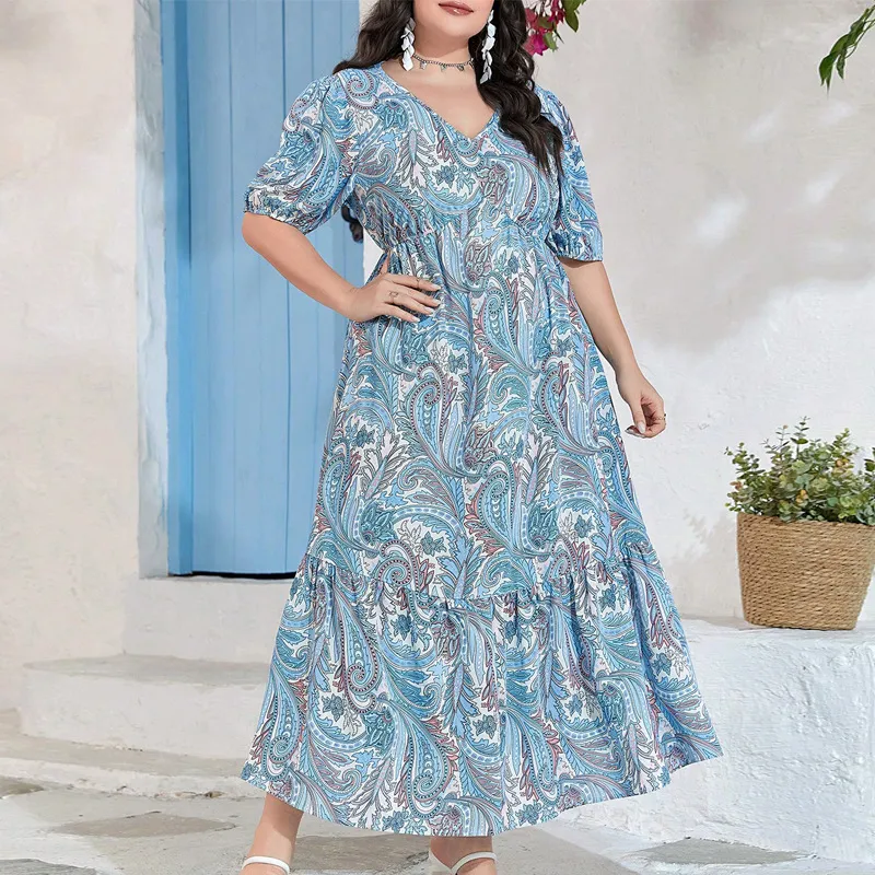 Women Fashion Casual Boho Summer Plus Size Printed V-Neck Short-Sleeve Dress