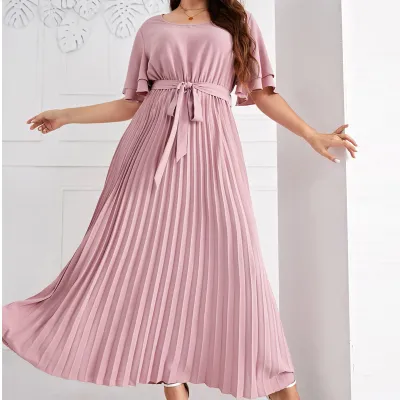 Women Fashion Casual Summer Plus Size Solid Color Square Neck Short-Sleeve Lace-Up Pleated Dress