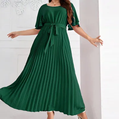 Women Fashion Casual Summer Plus Size Solid Color Square Neck Short-Sleeve Lace-Up Pleated Dress