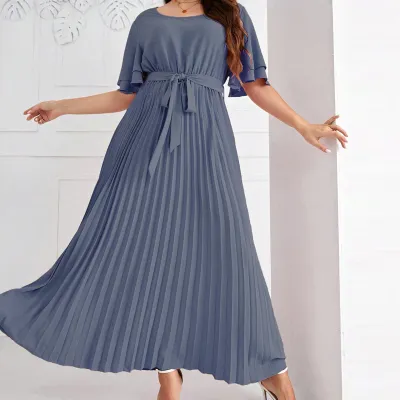 Women Fashion Casual Summer Plus Size Solid Color Square Neck Short-Sleeve Lace-Up Pleated Dress