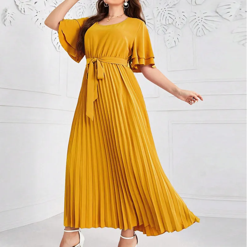 Women Fashion Casual Summer Plus Size Solid Color Square Neck Short-Sleeve Lace-Up Pleated Dress