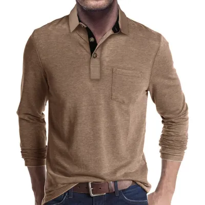 Men's Fashion Casual Color Block Long Sleeve Polo Shirt Slim Fit