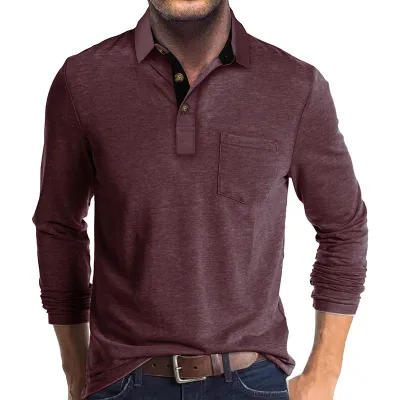 Men's Fashion Casual Color Block Long Sleeve Polo Shirt Slim Fit