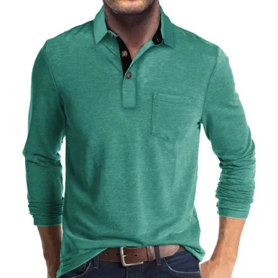 Men's Fashion Casual Color Block Long Sleeve Polo Shirt Slim Fit