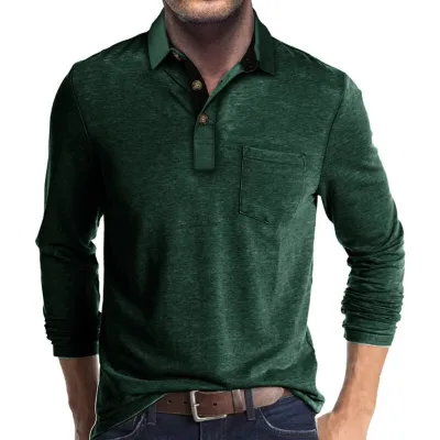 Men's Fashion Casual Color Block Long Sleeve Polo Shirt Slim Fit