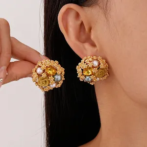 Women Fashion Retro Metallic Rhinestone Imitation Pearl Floral Silver Pin Earrings