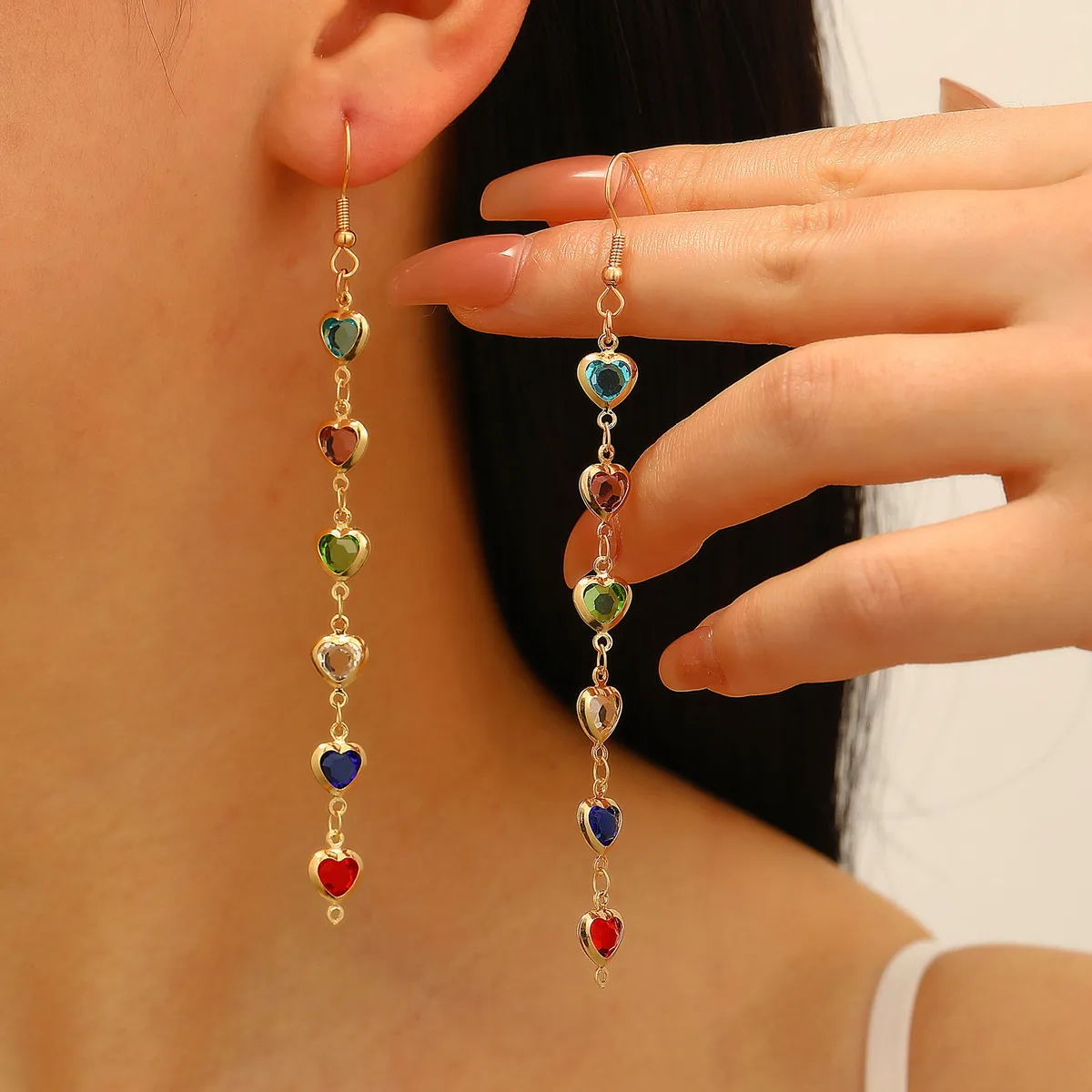 Women Fashion Multicolor Love Water Drops Tassel Copper Earrings